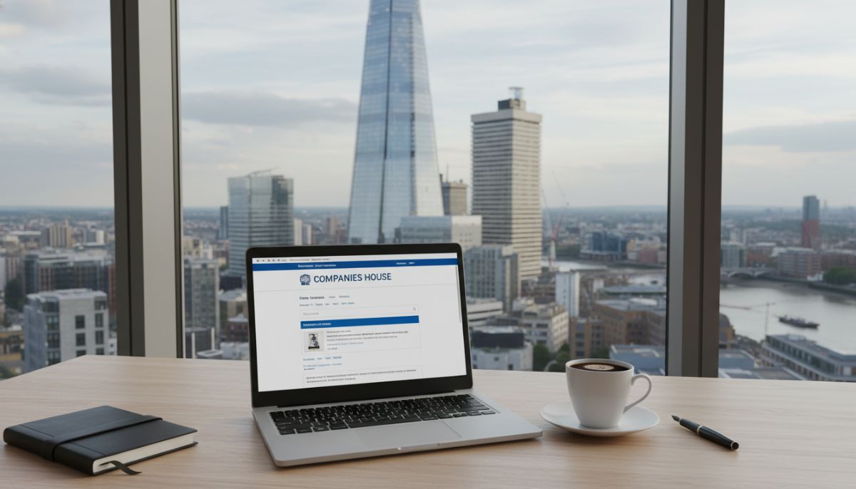 A professional modern office desk in London with a laptop showing the Companies House website, a cup of coffee, and a view of the Shard through the window in the background.
