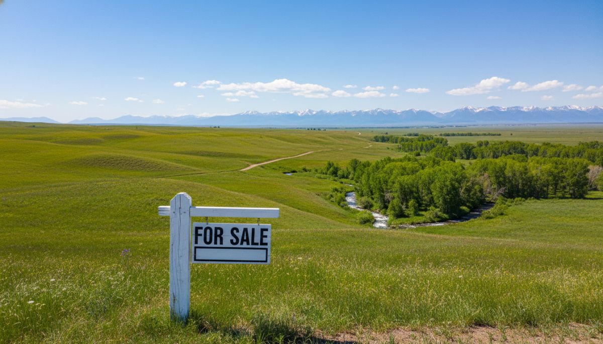 A wide-angle landscape photograph of a diverse plot of land for sale, featuring a mix of rolling green hills, a small cluster of trees, and a clear blue sky, with a wooden 'For Sale' sign in the foreground and a distant view of a quiet mountain range.