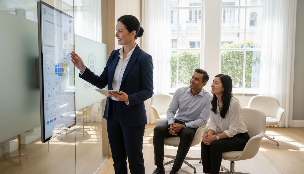 A professional doctor in a modern UK private medical facility explaining a digital health report to a diverse expatriate patient, high-end medical office setting, natural lighting.