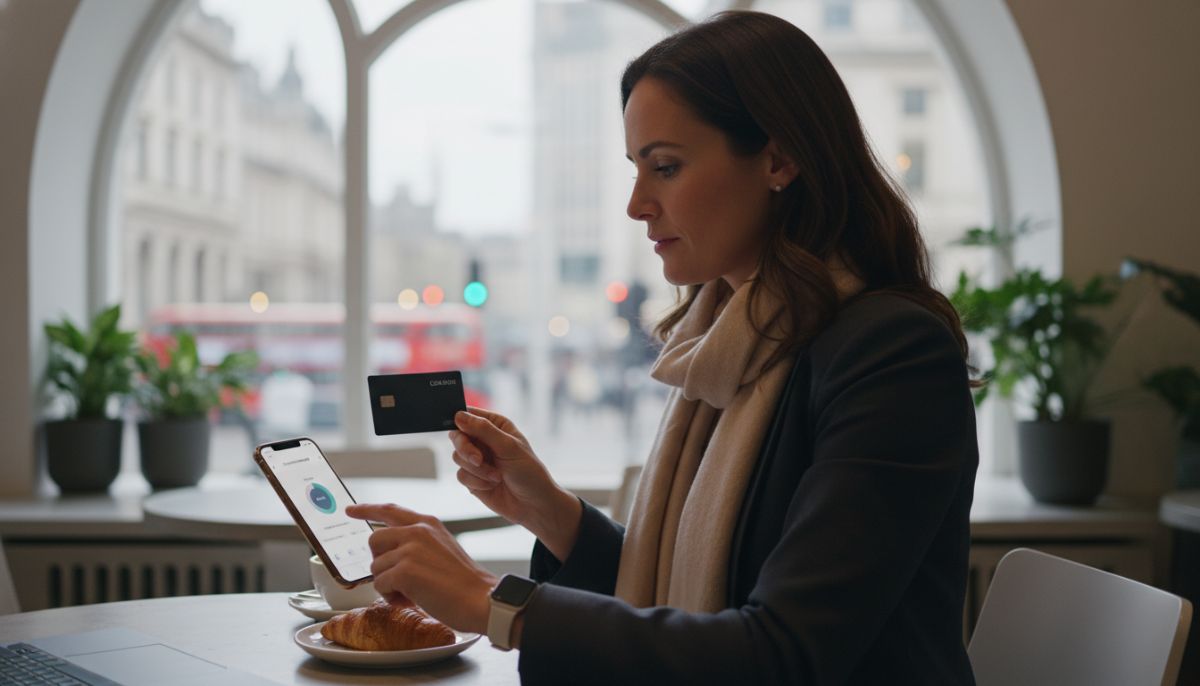 A professional expat entrepreneur sitting in a bright, modern London café, holding a sleek matte-black business debit card while using a banking app on their smartphone, with a blurred view of the London Eye in the background.