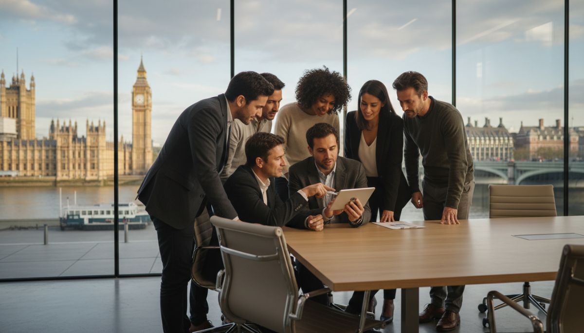 A high-quality, professional photograph of a diverse group of entrepreneurs in a modern London glass office, looking at a digital tablet with the Houses of Parliament visible in the blurred background through the window.