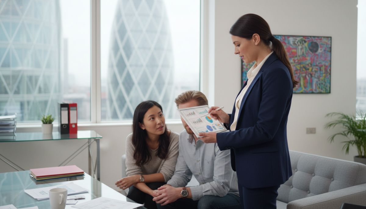 A professional female tax consultant in a bright, modern London office explaining a complex tax chart on a tablet to a diverse expat couple, with a blurred view of the Gherkin building in the background.