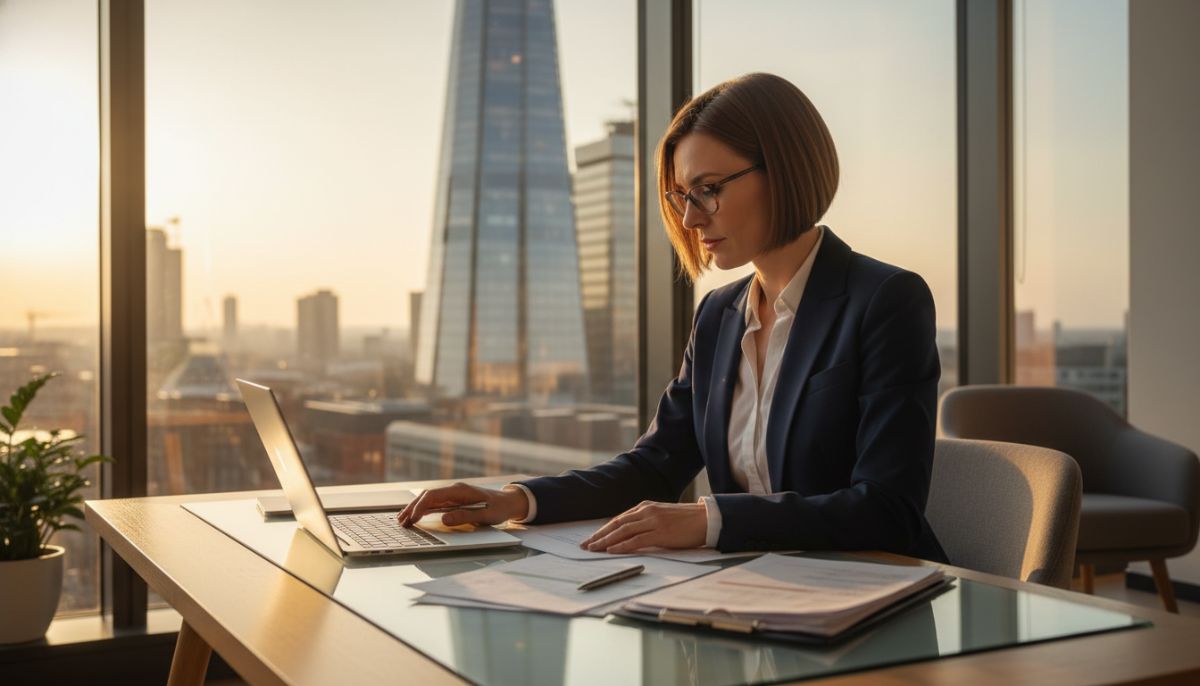 A professional accountant sitting at a clean, modern desk in a London office with a view of the Shard in the background, reviewing financial documents on a laptop and paper, warm natural lighting, professional atmosphere.