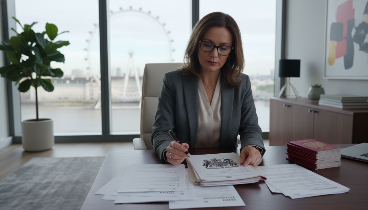 A professional legal consultant sitting in a modern office in London, reviewing a pile of British passport applications and legal documents, with a blurred view of the London Eye in the background through a large window, soft natural lighting, high-end photography style.