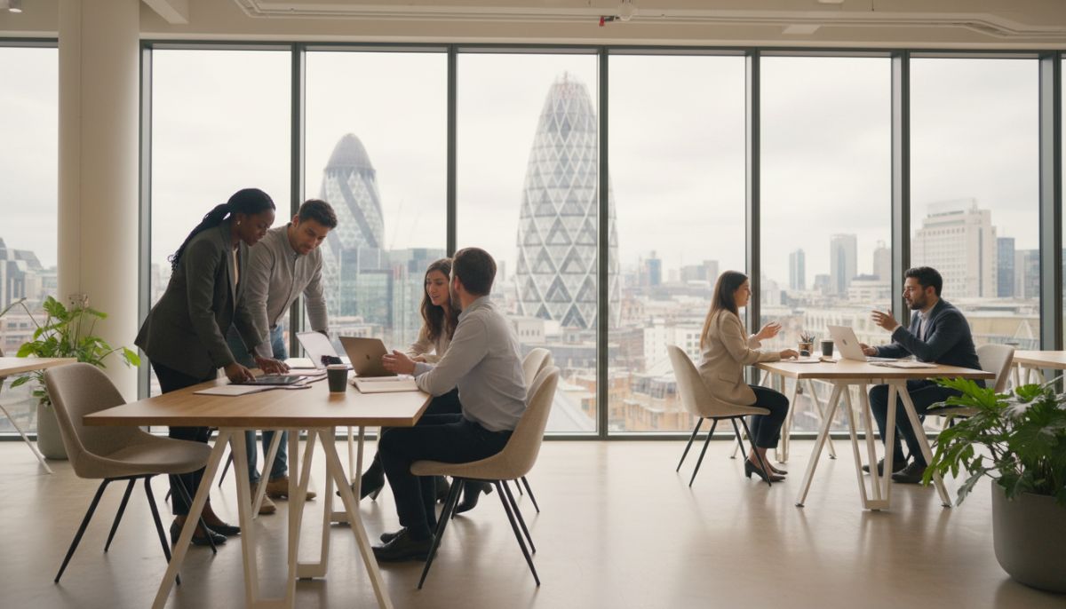 A diverse group of young professional entrepreneurs in a modern, glass-walled co-working space in London, with the iconic Gherkin building visible through the window, soft natural lighting, high-resolution lifestyle photography.