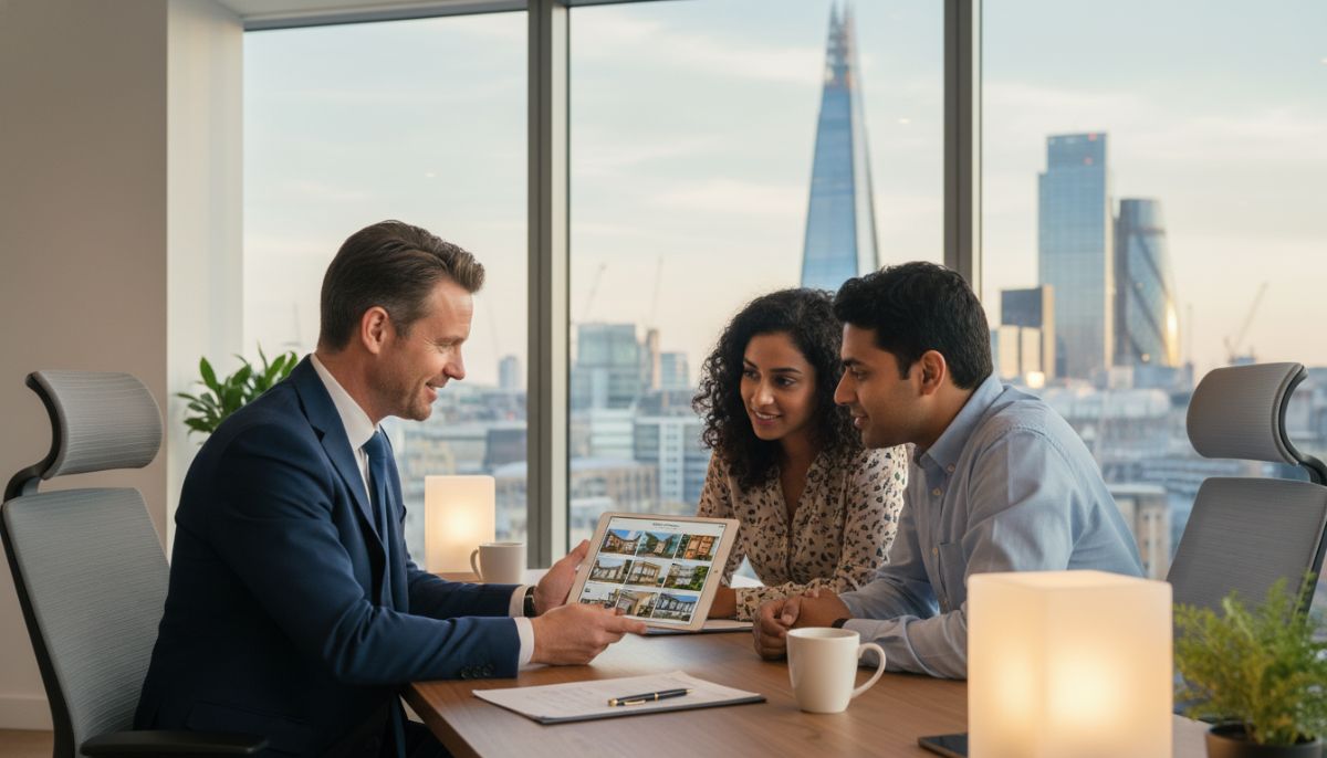 A professional British mortgage advisor sitting in a modern office, showing property listings on a tablet to an international couple, with the London skyline visible through a window, photorealistic style, soft lighting.