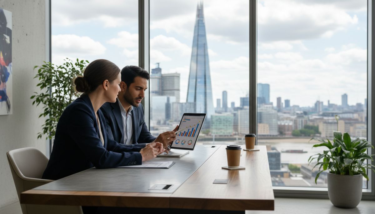 A professional financial consultant sitting at a modern office desk in London, discussing charts on a tablet with an international couple, view of the Shard through the window, soft daylight, high-quality realistic photography style.