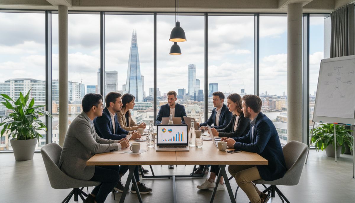 A diverse group of young entrepreneurs in a modern, glass-walled London office overlooking the Shard, discussing business plans with laptops and coffee, professional yet casual atmosphere.