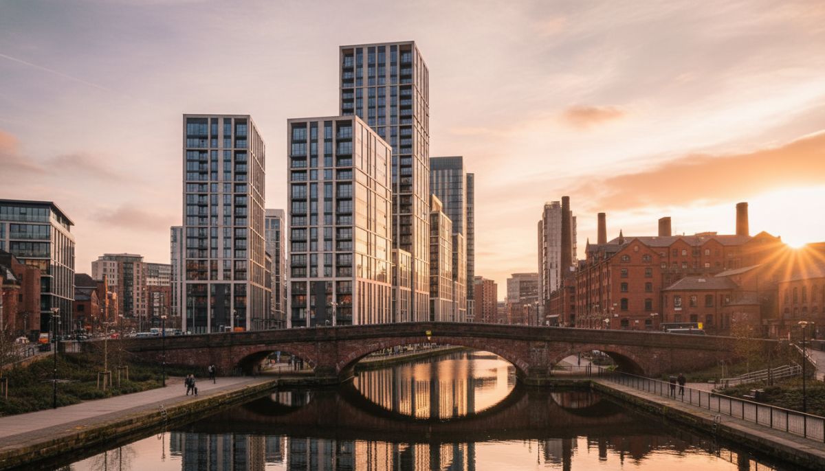 A wide-angle, high-quality photograph of a modern residential development in a revitalized UK city like Manchester, featuring sleek glass architecture, a nearby canal with a stone bridge, and a mix of historic red-brick buildings in the background under a soft sunset sky.