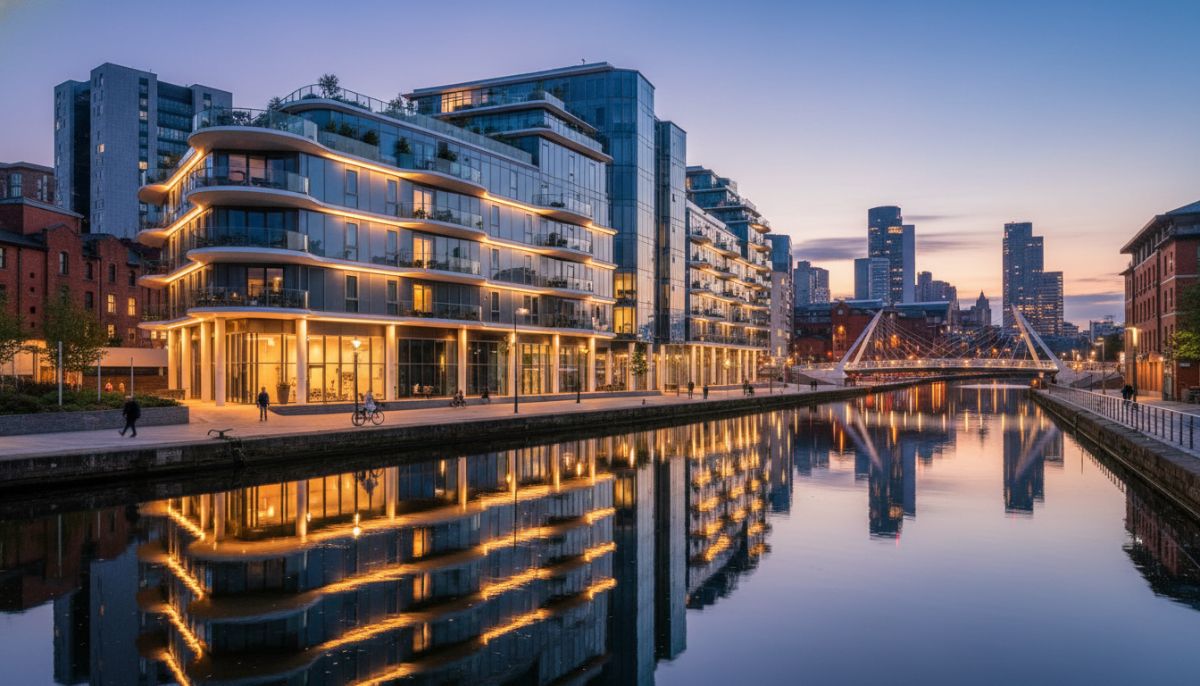 A high-resolution photo of a modern luxury apartment complex in Manchester, England, reflecting in the water of a canal at dusk, symbolizing high-growth regional property investment.